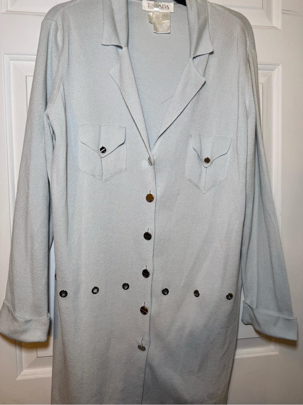 Escada Margaretha Ley Vintage Gray Buttoned Cardigan Large Silver Grommets Italy - Picture 9 of 16